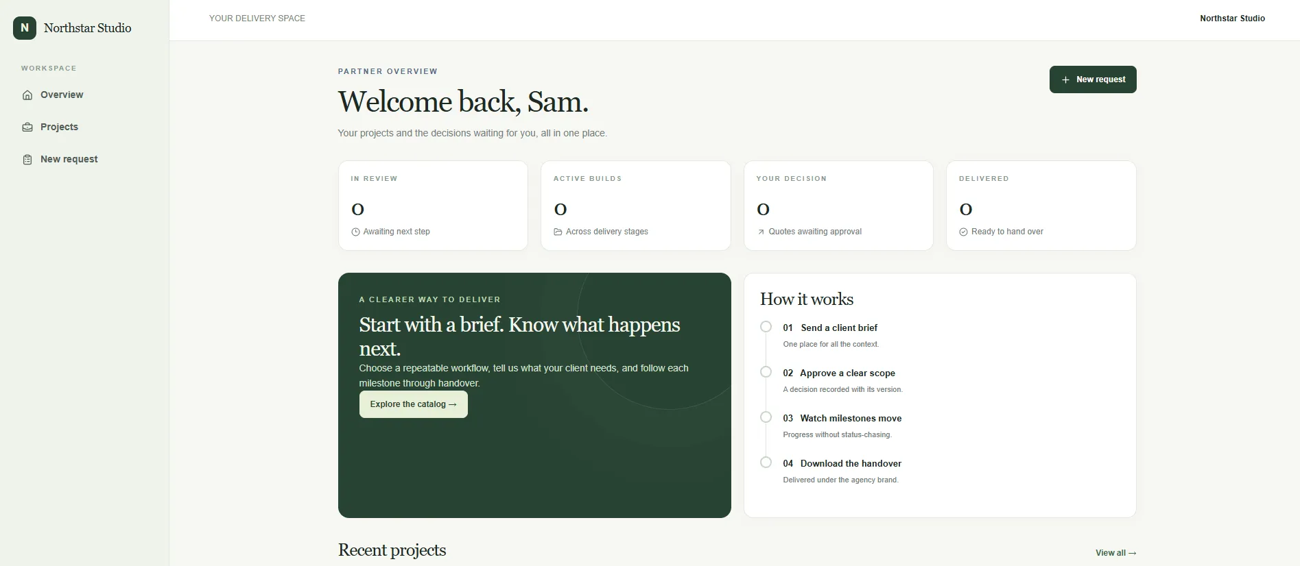 Agency partner workspace with project status, decisions and milestone guidance