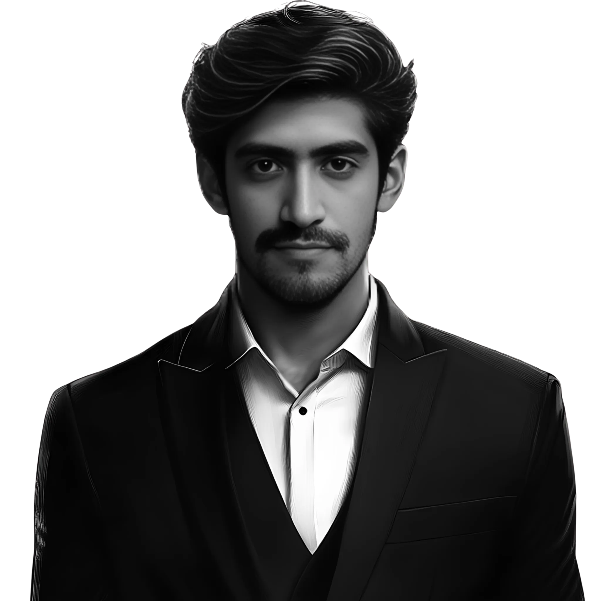 Aleem Ul Hassan, founder of NexusPoint: monochrome portrait in a suit on a black background