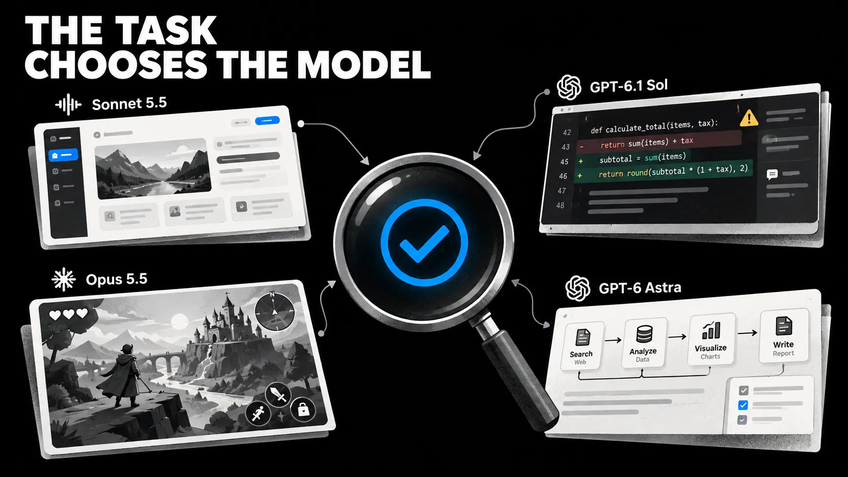 Four model output cards converge on a blue accepted-result lens beneath the headline The Task Chooses the Model.