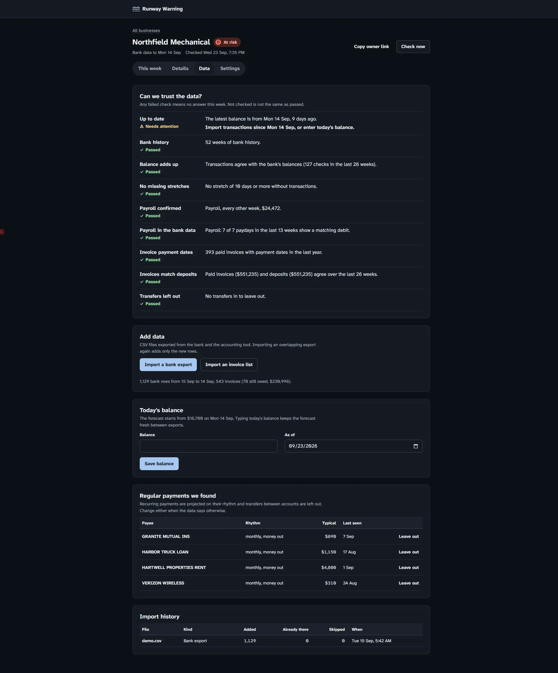 Fictional demo data screen for bank and invoice imports, balance checks, and import history