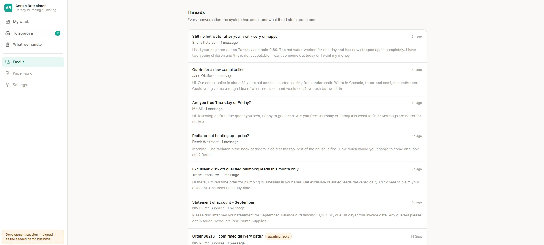 Seeded demo email thread list with example customer and supplier messages