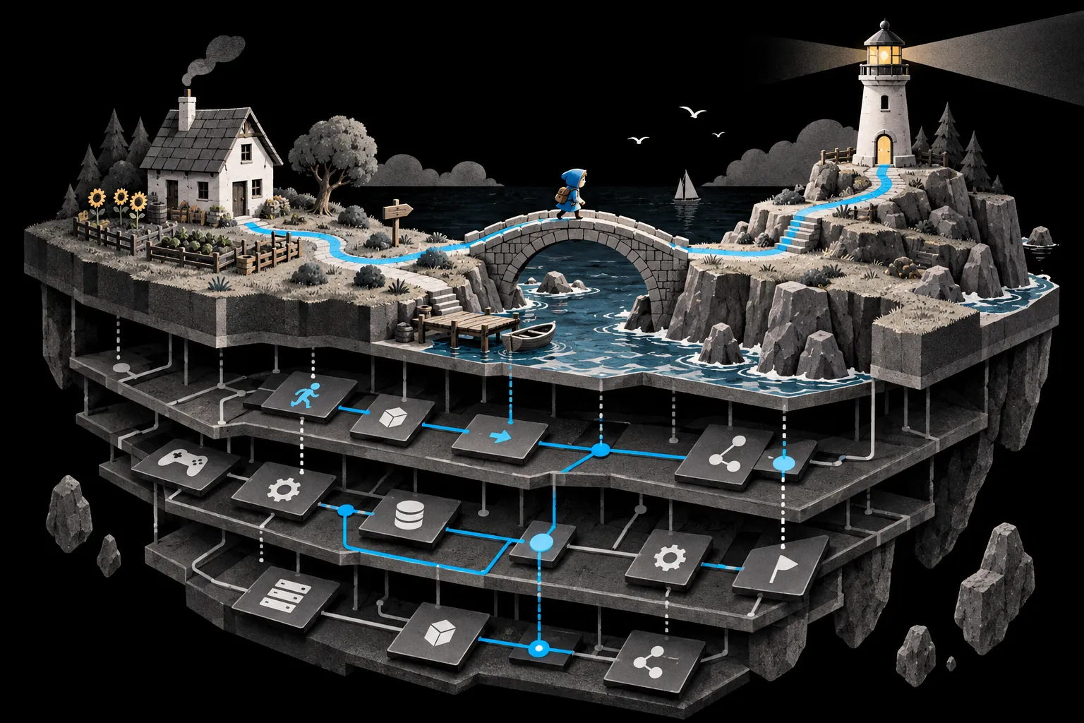 A cozy browser game world sits above the connected logic that makes it playable.