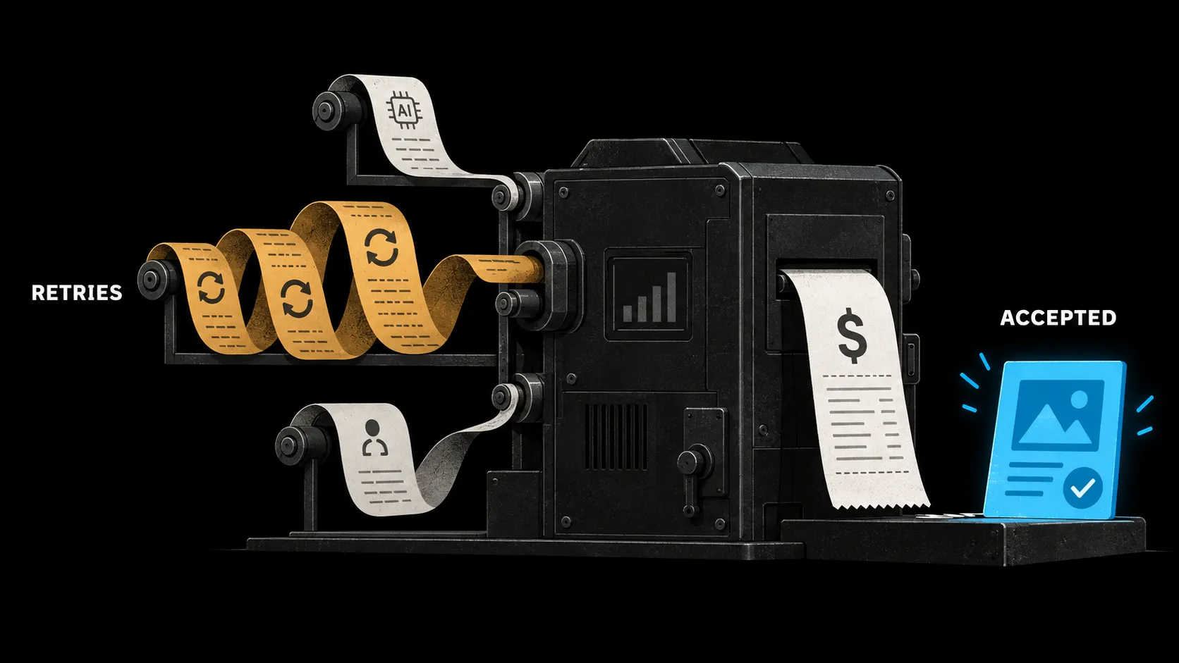 A long retry tape and human review note feed into a cost machine beside an accepted artifact.