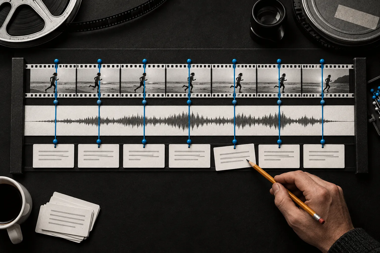 Film frames, voice audio, and captions align on an editing table while a human marks one timing correction.