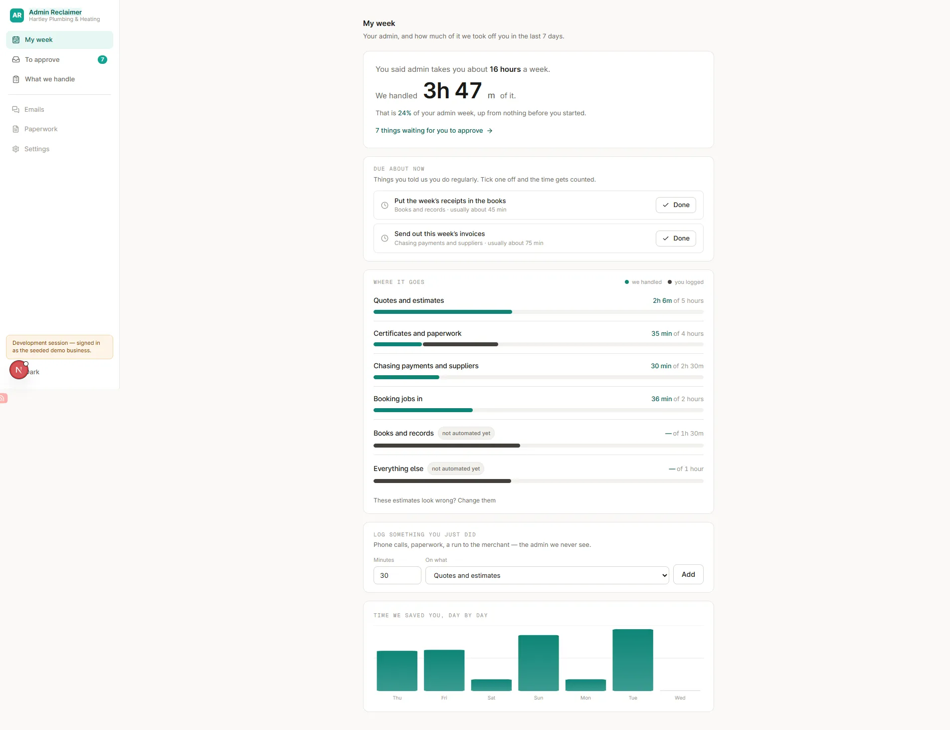 Seeded demo My week view comparing a declared admin-time baseline, example activity, recurring tasks and manually logged time