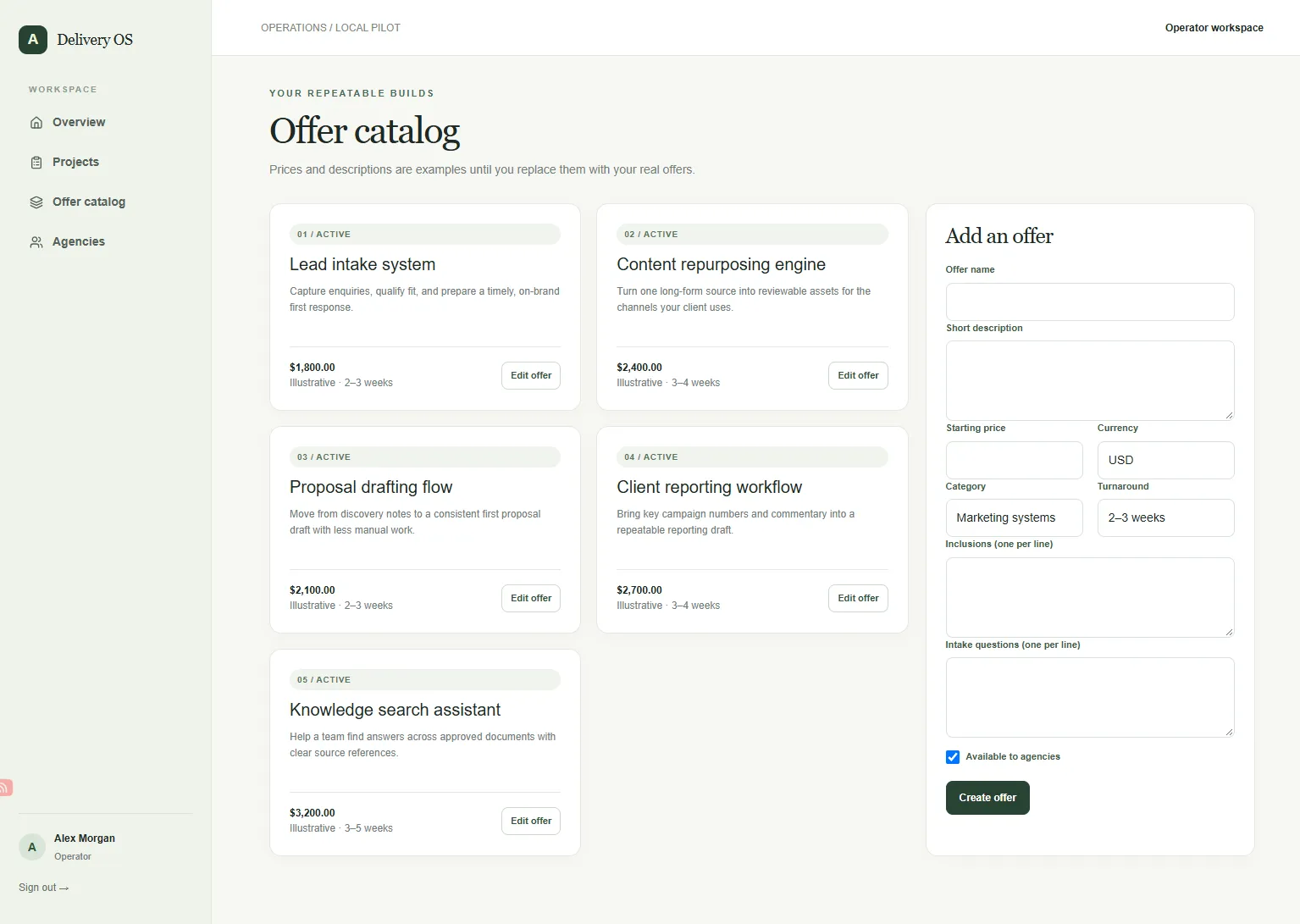 Operator catalog with five illustrative, reusable service offers