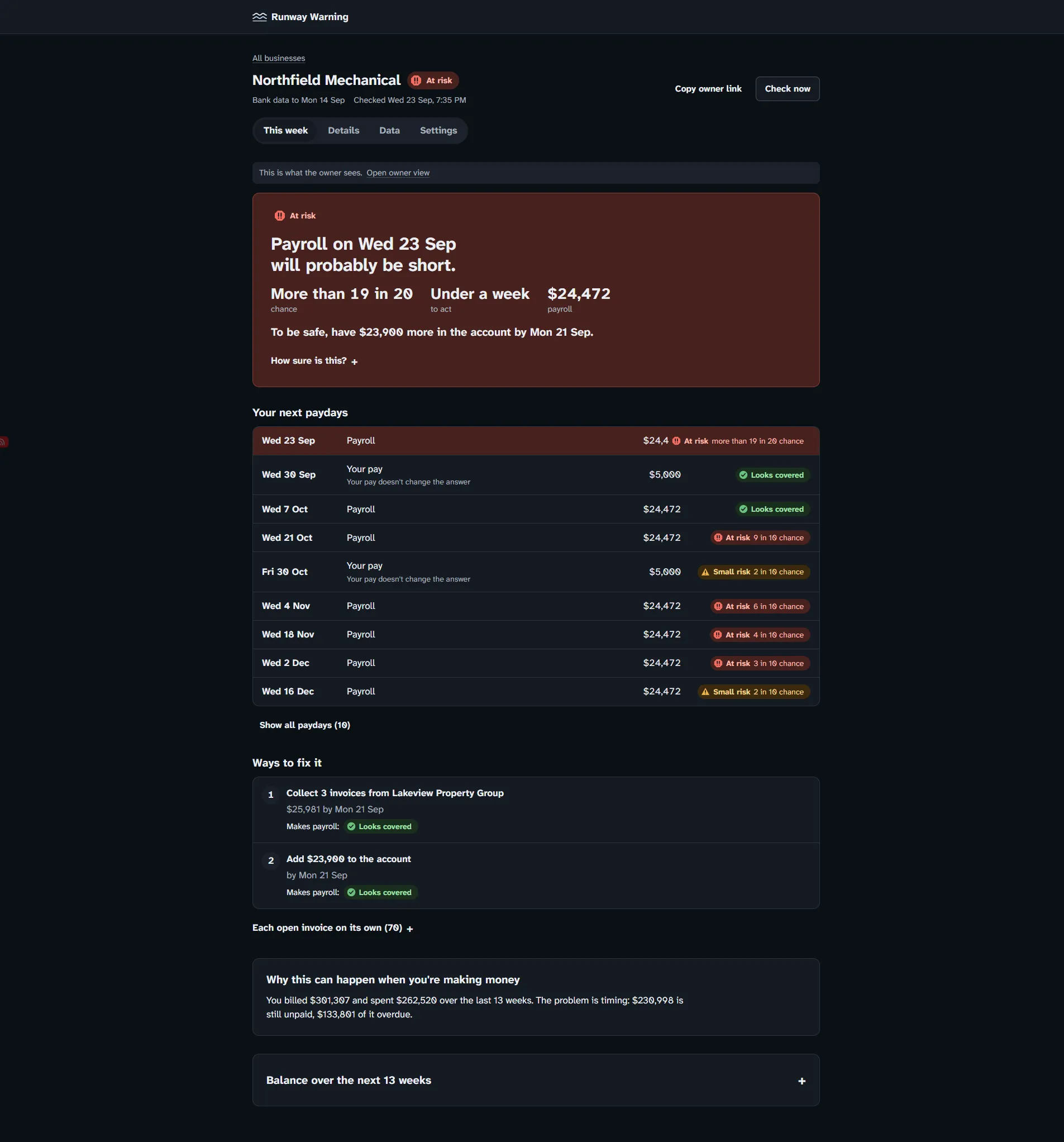Fictional demo owner view showing a payroll warning, its likelihood as a natural-frequency count, and suggested next steps