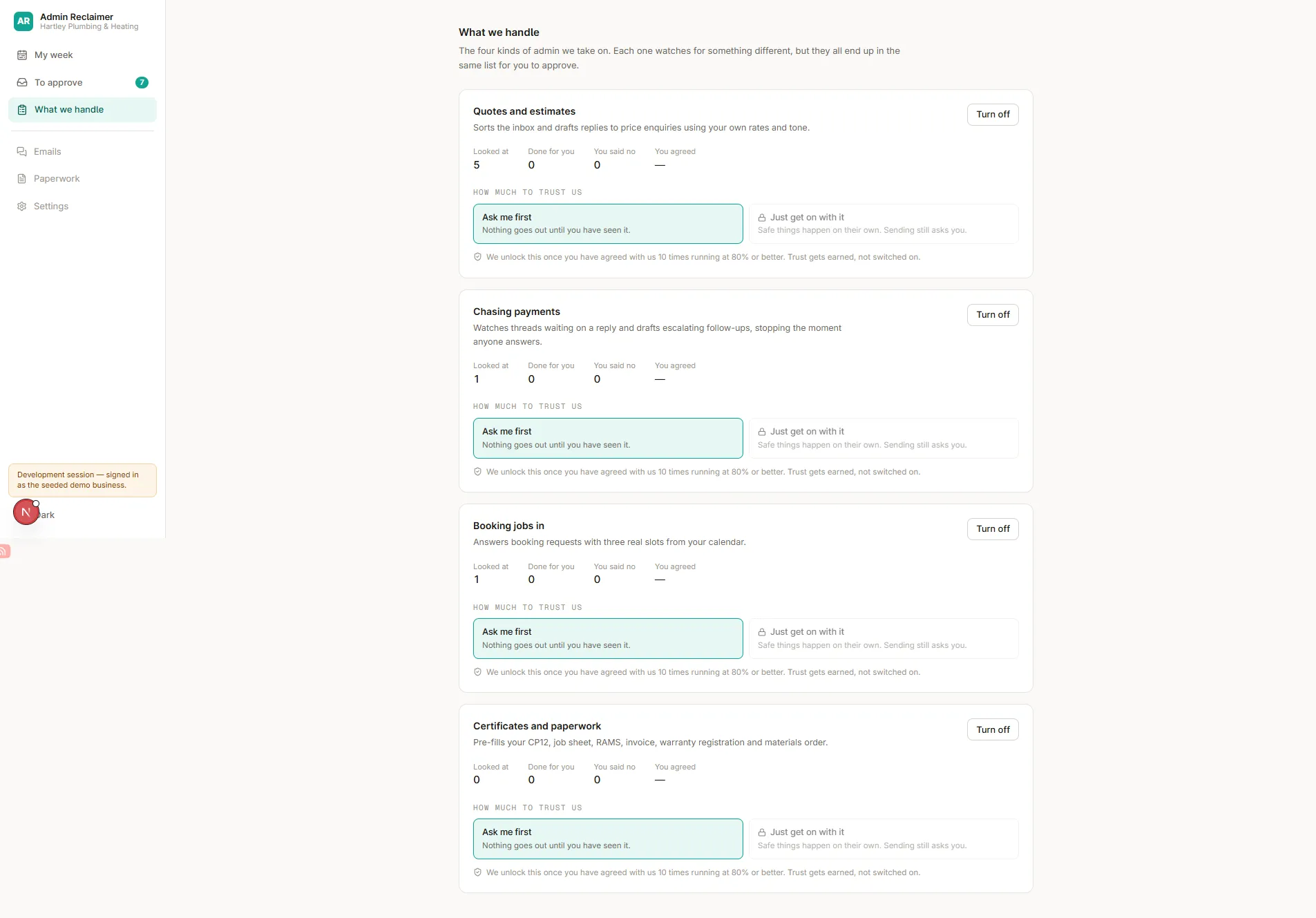 Seeded demo playbook settings with per-workflow trust modes for quote replies, supplier chasing, booking and paperwork