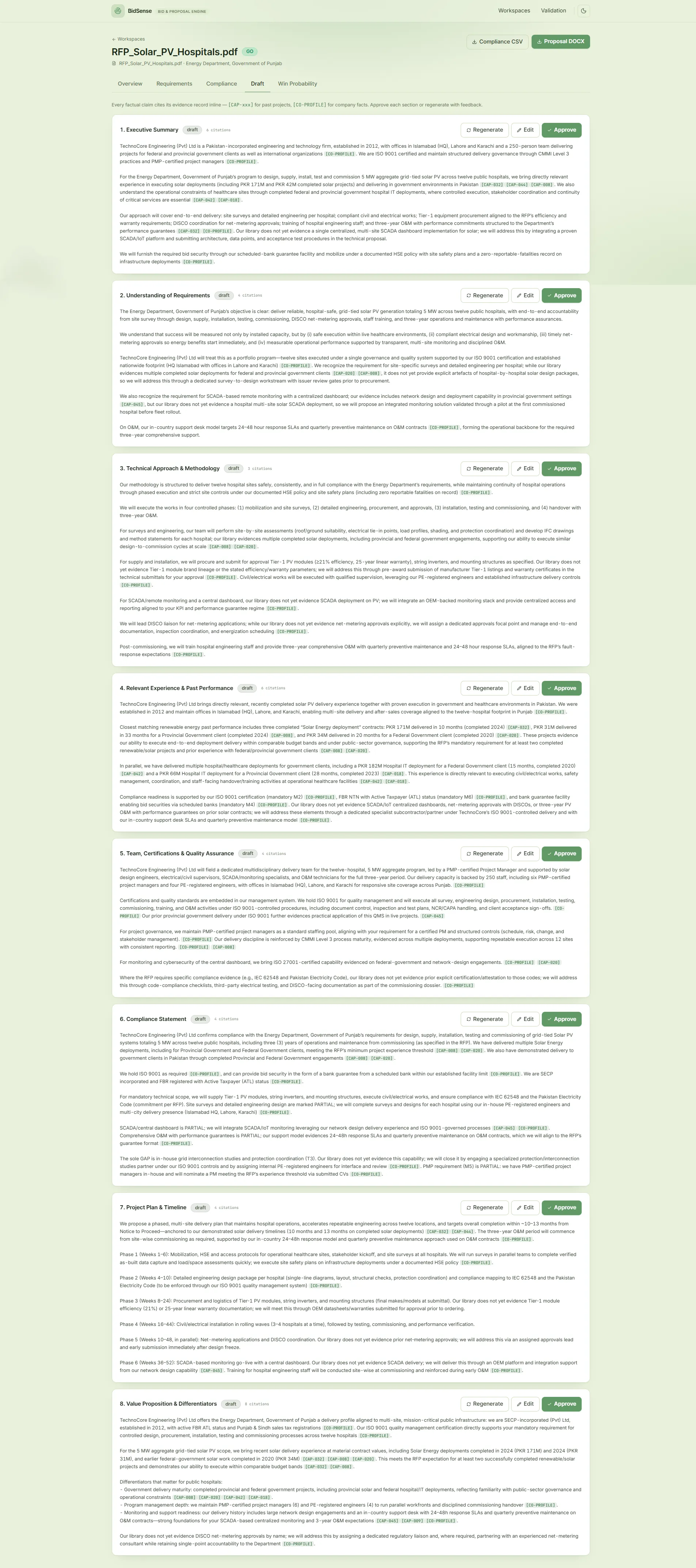 Section-by-section proposal draft with inline citations to evidence records