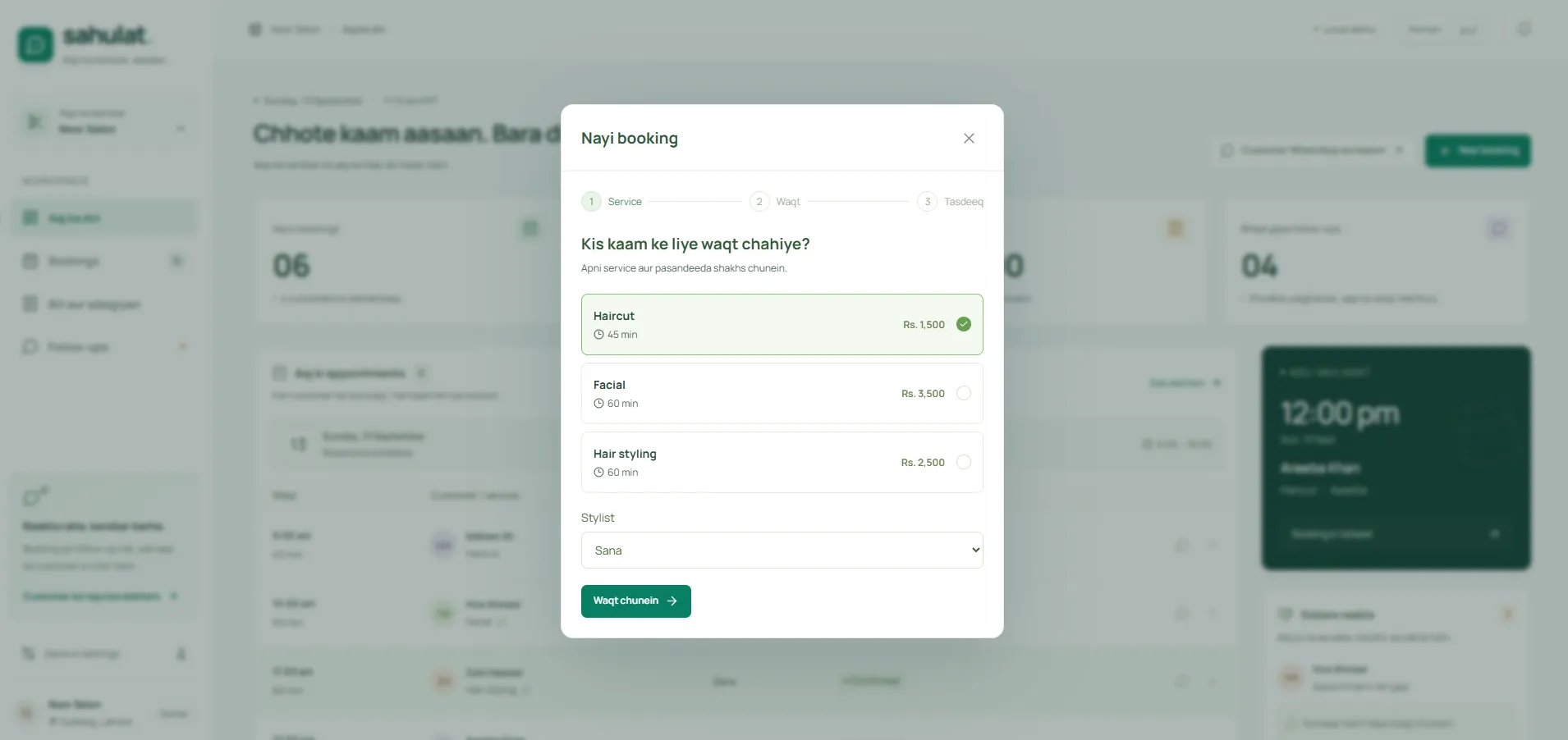 Three-step booking dialog for choosing a service, appointment time, and customer details